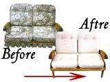 家具の再生・修理 ソファ張替え(張替え生地・花柄→白の水玉)